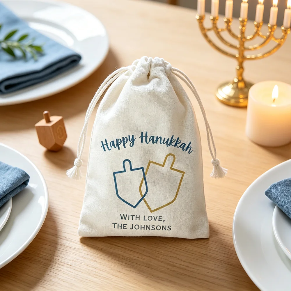 Personalized 6/12Pcs Happy Hanukkah Favors Dreidel Small Drawstring Gift Bag for Jewish Holiday Chanukah Childrens Snack Toy Bag