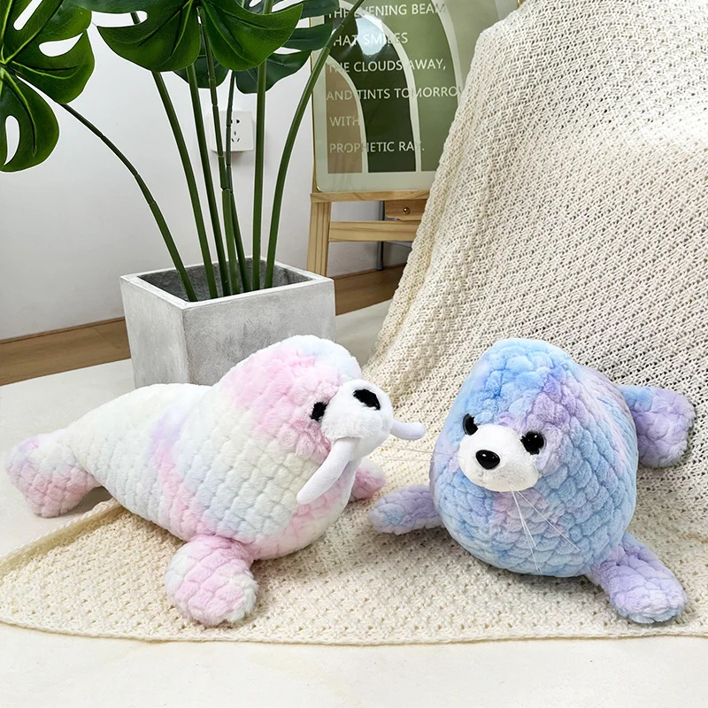 Cartoon Colorful Walrus Sea Whale Plush Toys RealLife Stuffed Sea Wild Animal Soft Pillow Appease Doll for Kid Gifts Home Decor