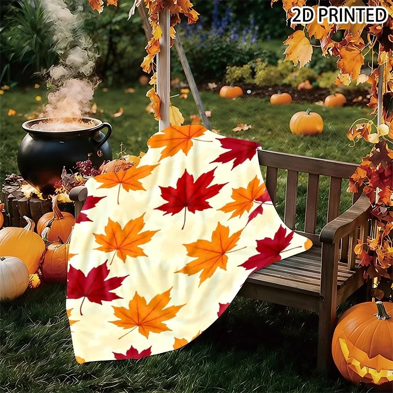 Soft Lightweight Autumn Maple Leaf Print Throw Blanket, Watercolor Style Red And Orange Leaf Pattern on Cream Background, Multip