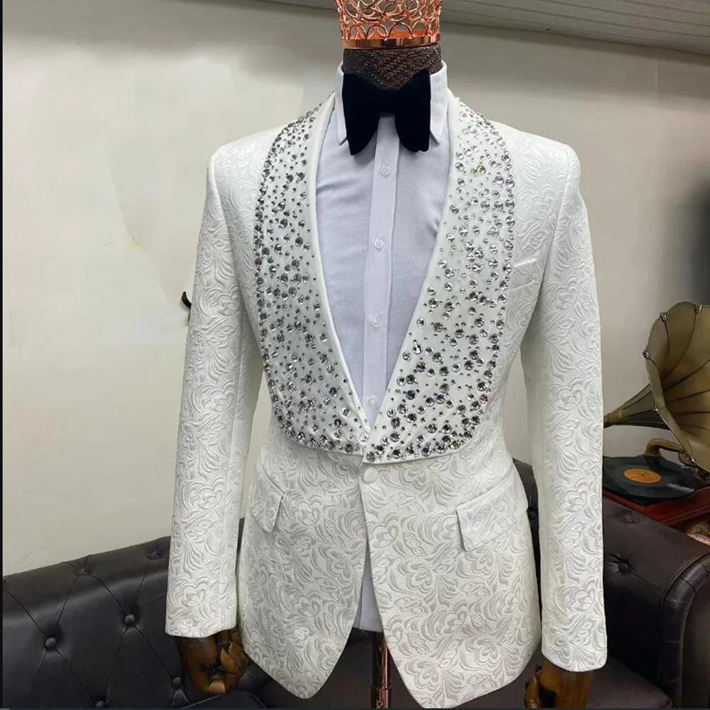 Luxury Diamond Beaded Man Suit Jackets Satin Shawl Lapel Jacquard Men's Blazer Bespoke Male Fashion Coat 1 Piece Groom Tuxedos