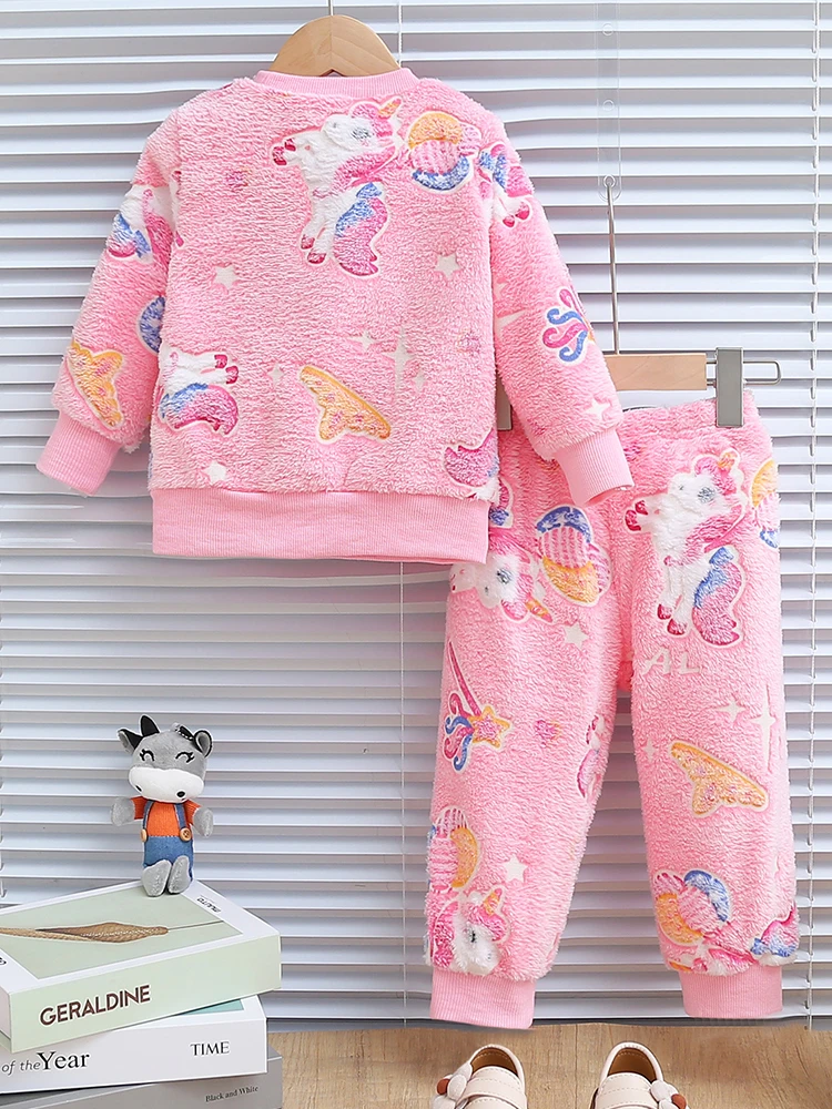 2pcs baby girl autumn and winter night light cartoon pattern long sleeved shirt and pants thickened for warmth