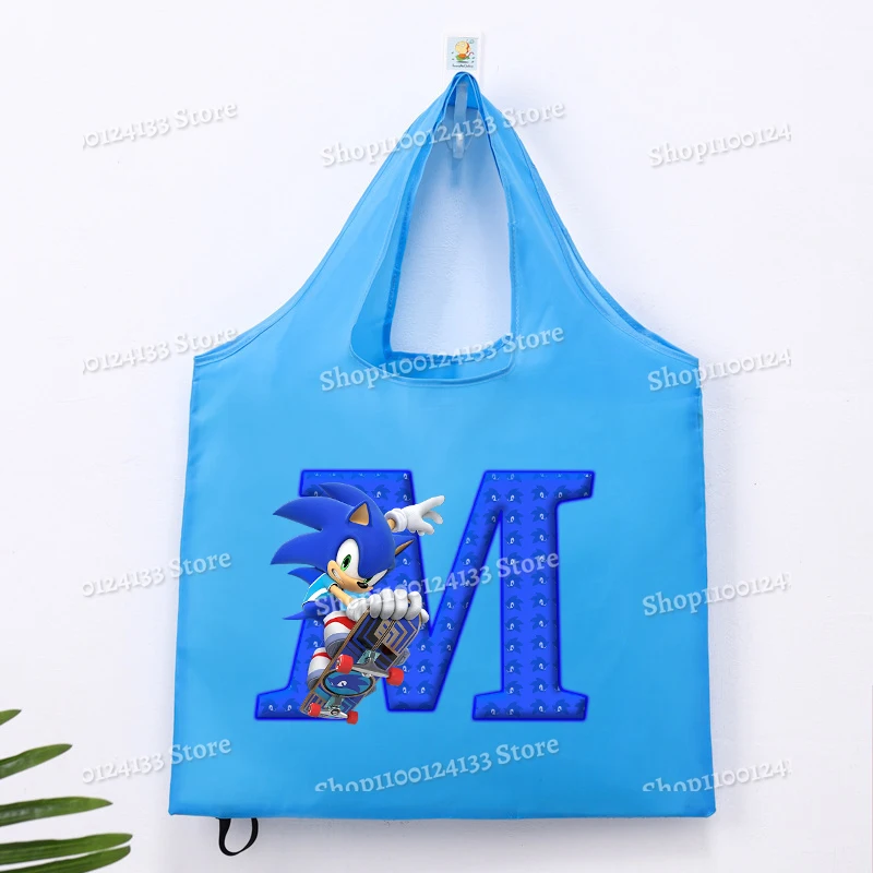 Soniced Blue Shopping Bag Cute Letters A-Z Anime Portable Folding Reusable Large Capacity Storage Handbag Case Kids Kawaii Gift