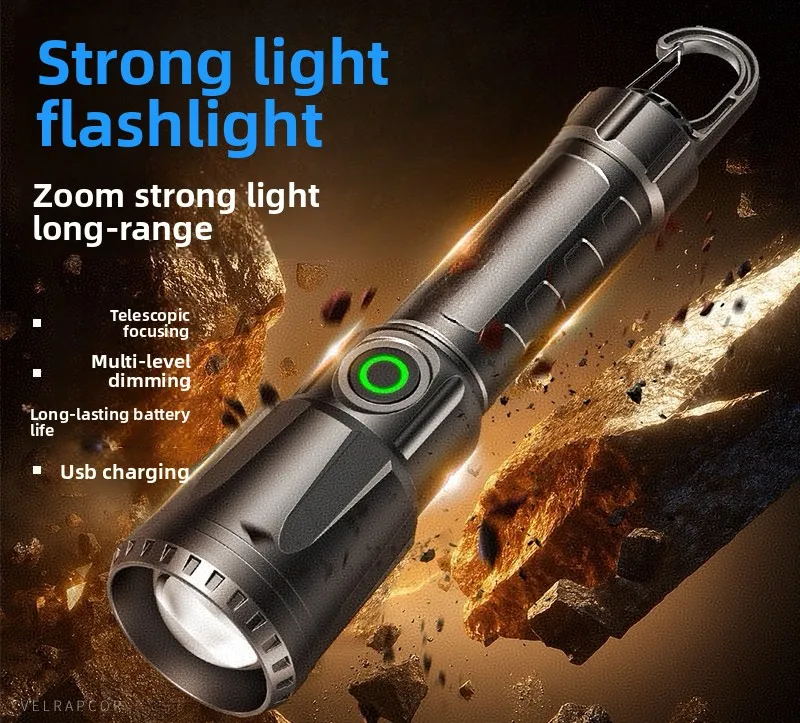 New multifunctional outdoor lighting flashlight with hook, battery display, strong light and long-range illumination
