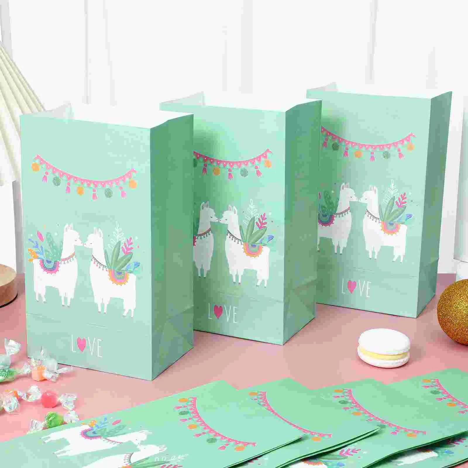 12 Pcs Kraft Paper Bags Alpaca Pattern Bottom Paper Bags Candy Gift Bags Baking Dessert Party Paper Bags