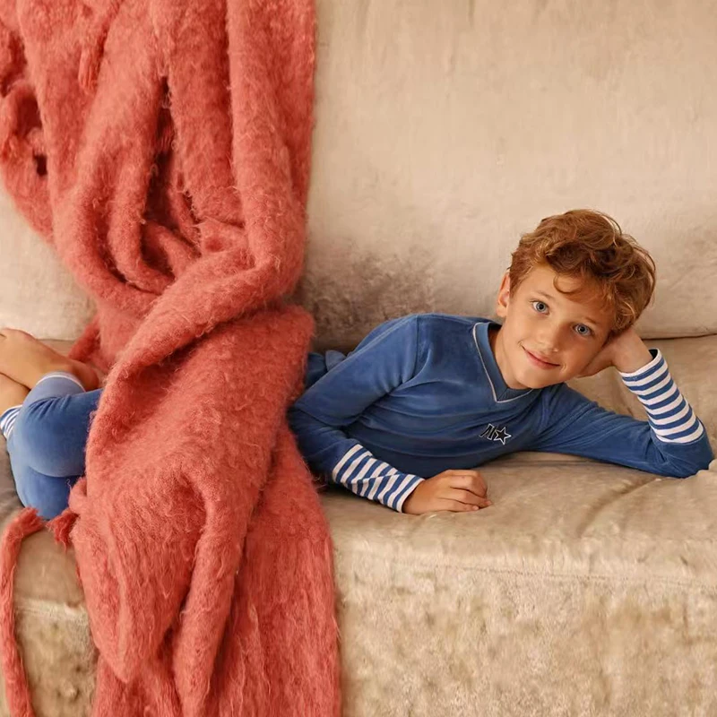 بيجامات أطفال عائلية متطابقة باللونين الأزرق والوردي فستان بناتي للأطفال الأولاد والبنات رومبير ملابس خريف وشتاء مخططة