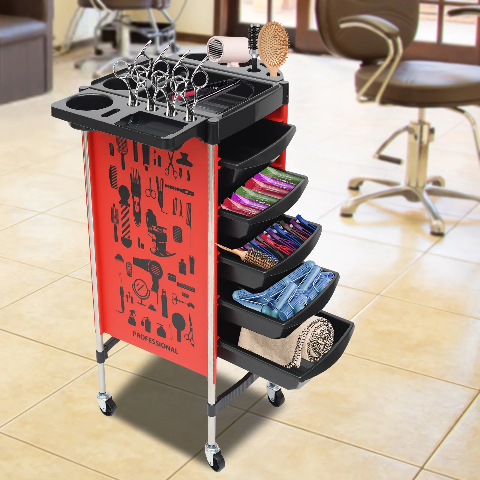 Hairdressing Salon Cart Commercial large Load-bearing Trolley with 5Drawers Storage for Salon Supplies and Cosmetic Appliances