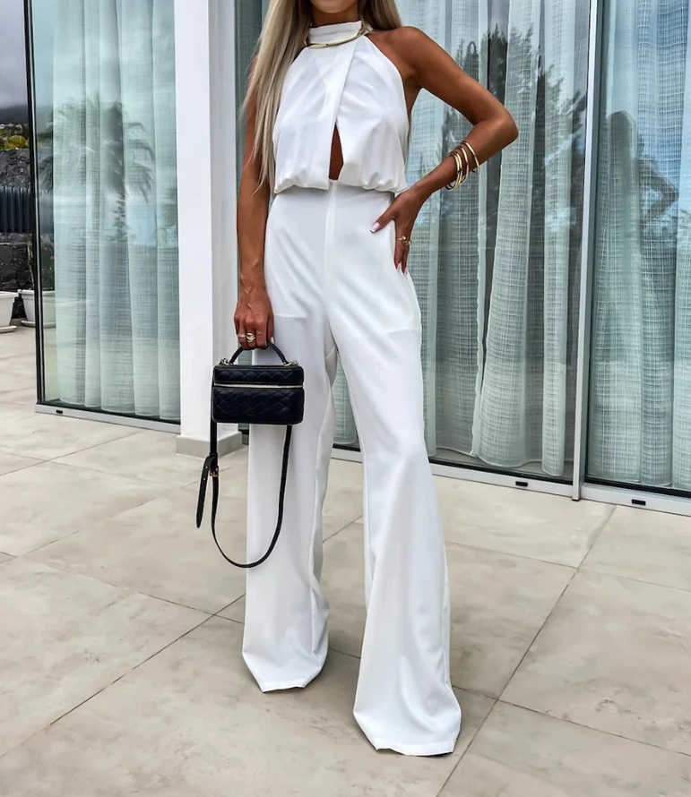 Women's Jumpsuits 2024 Summer Hollow Out Half High Collar Hollow Out Solid Jumpsuit Patchwork Slim Backless Lady Sexy Rompers