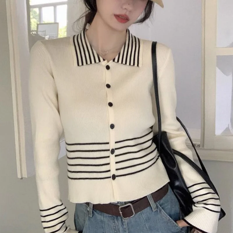 Korean Striped Polo-Neck Knitting Cardigan Ladies Autumn Winter Coat Slim Sweater Women Clothing Korean Patchwork Buttons Tops