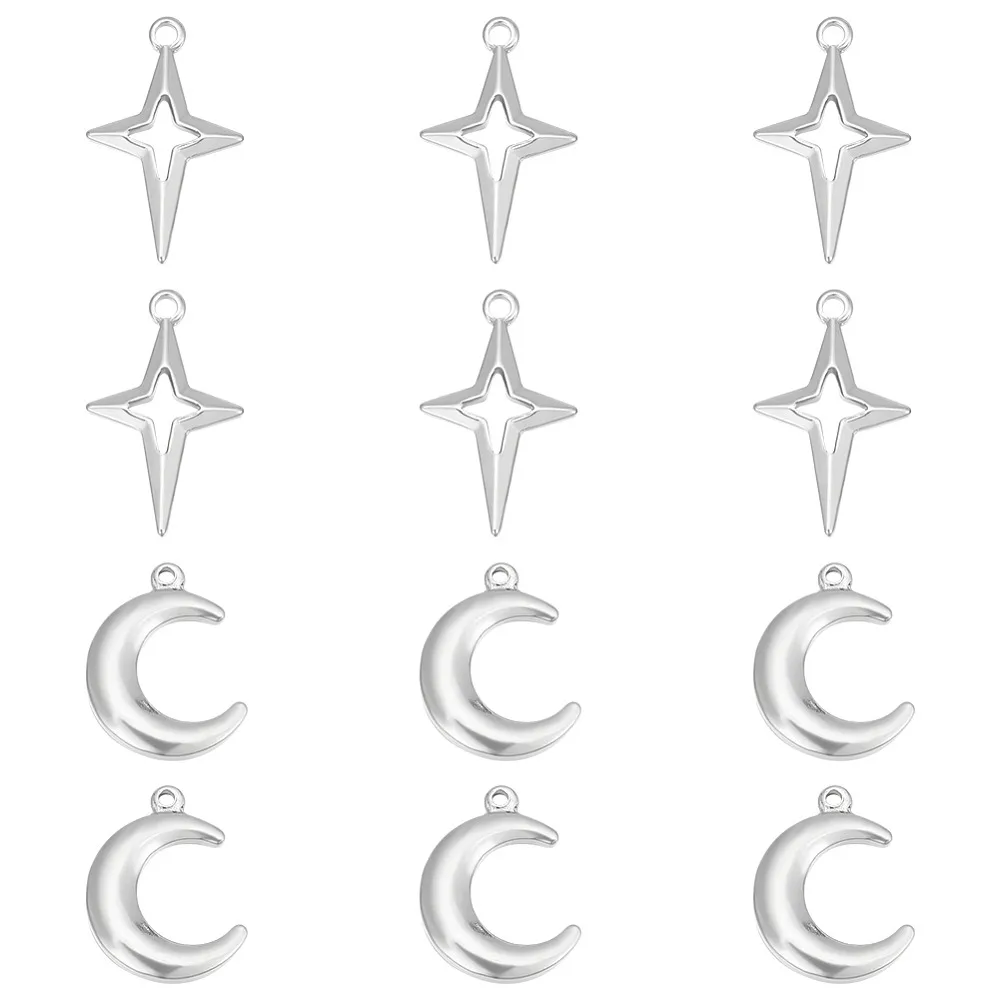 

1box 12pcs 2 style 304 Stainless Steel Pendants Moon Star Stainless Steel color 22~27.5x17x2.5~4mm Hole: 1.2~2.2mm 6pcs/style