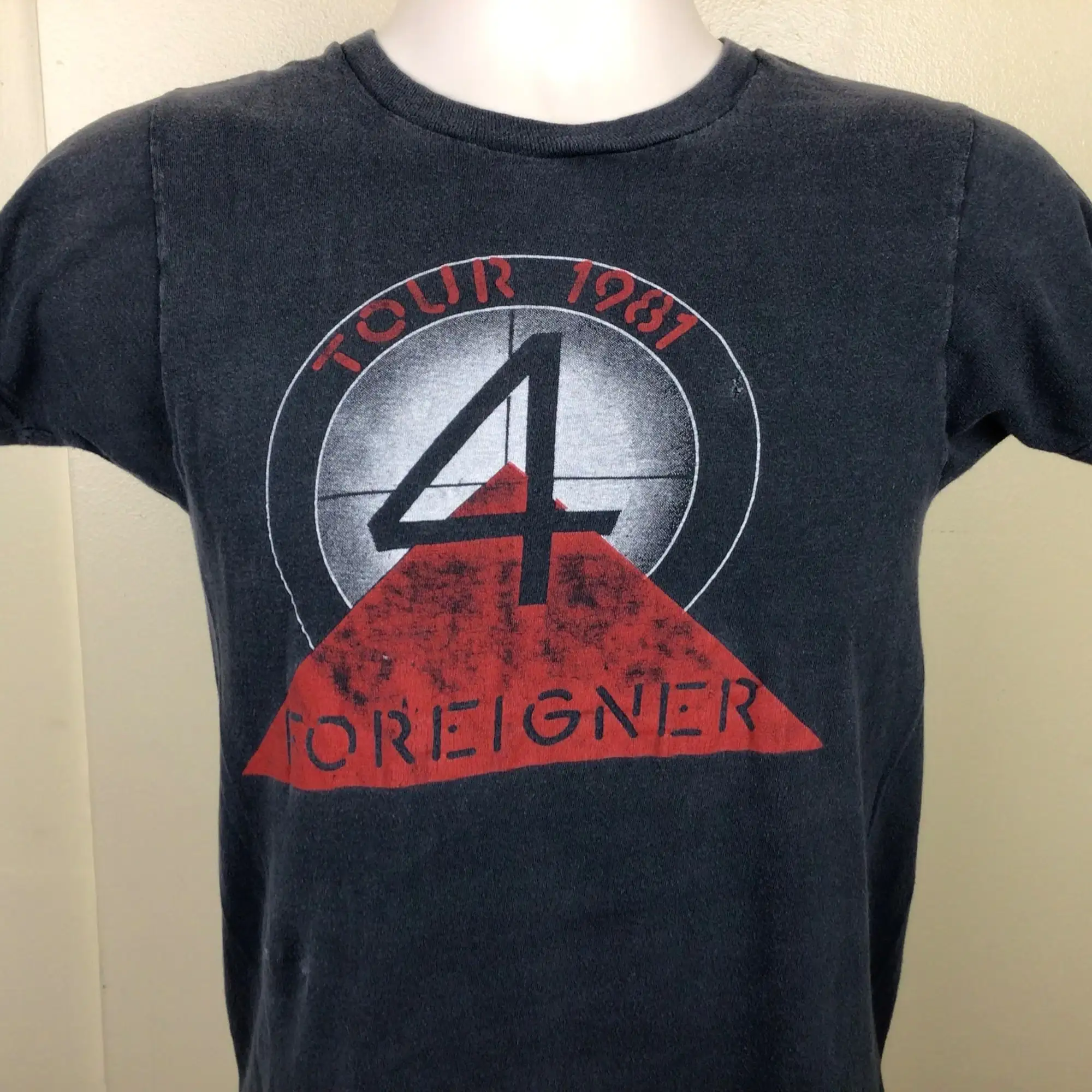 Vtg 1981 Foreigner 4 Concert TShirt Faded Black S 80s Classic Rock Band Pop Music Single Stars