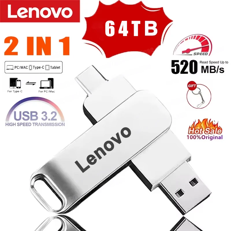 Lenovo High Speed Type C USB3.2 Flash Drive OTG Pen Drive Metal Memory Stick Pendrive 64TB Waterproof for Phone PC Network Card