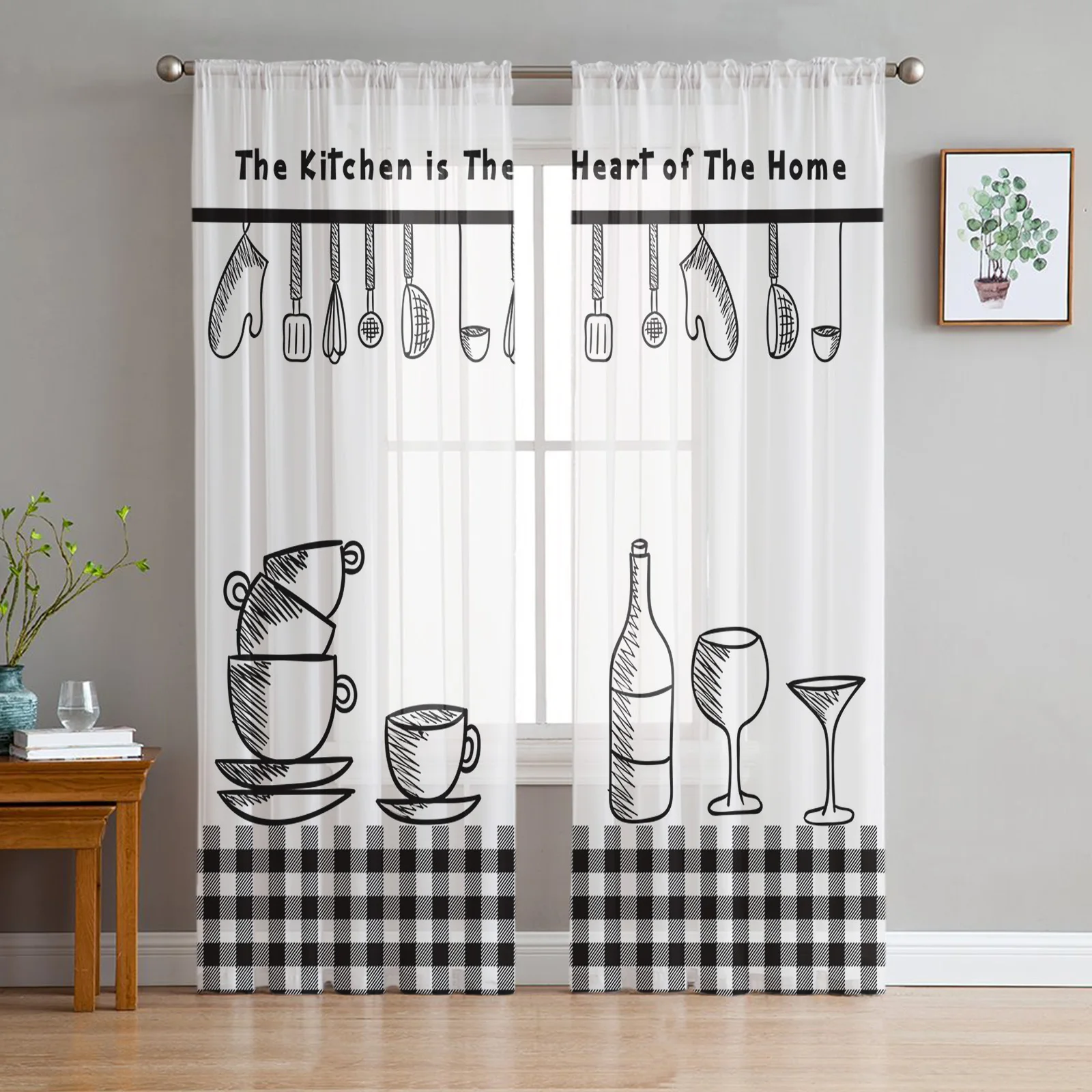 Kitchen Utensils Plaid Tulle Curtains for Living Room Chiffon Voile Sheer Window Curtain for Bedroom