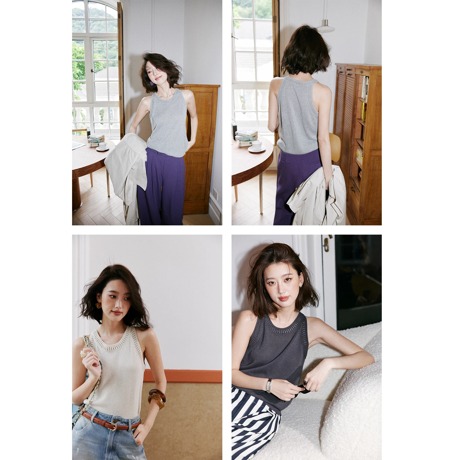 

Rosebanks Tee-Color Hollow Trap Commute Versatile Knit Svel Vest Loose Fit Plain Color Cotton Linen Blend Vest