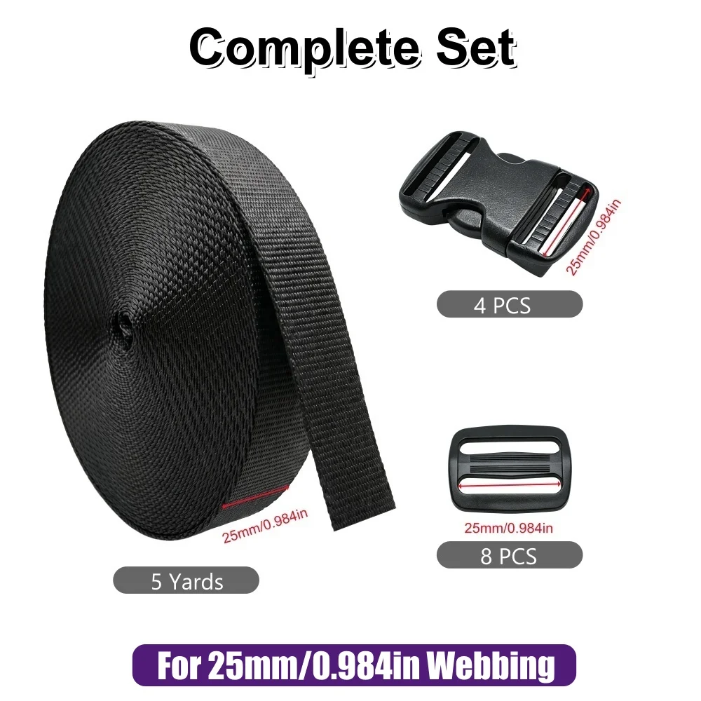 10-50mm 5 Yards Schwarzes Nylon-Gurtband, 4x Schnellverschluss-Schnallen, 8x Tri-Glide Schiebeclips DIY Rucksack-Schnallen und Gurtsätze