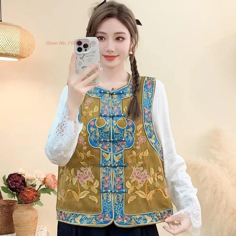 

2025 chinese vintage vest traditional satin jacquard o-neck vest national flower embroidery sleeveless jacket retro hanfu tops