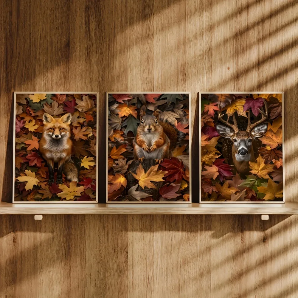 3pcs Frameless,Retro Autumn Landscape Animal Art Poster Featuring Foxes,Squirrels and Deer with Leaves,for Decor The Living Room