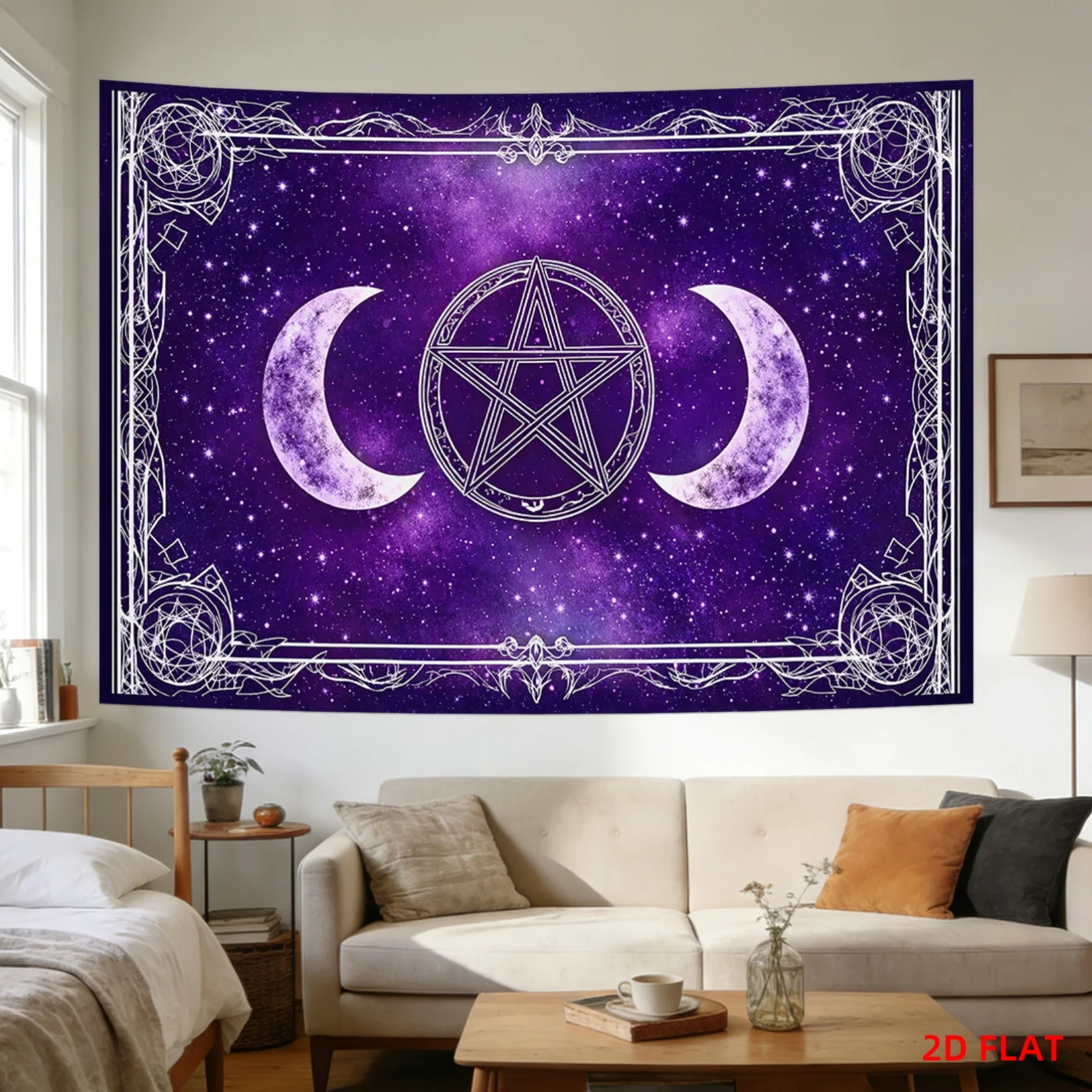 Occult Pentagram Landscape Tapestry, Purple Galaxy Double Moon Starry Sky Art Wall Cloth, Witchy Backdrop For Home Bedroom