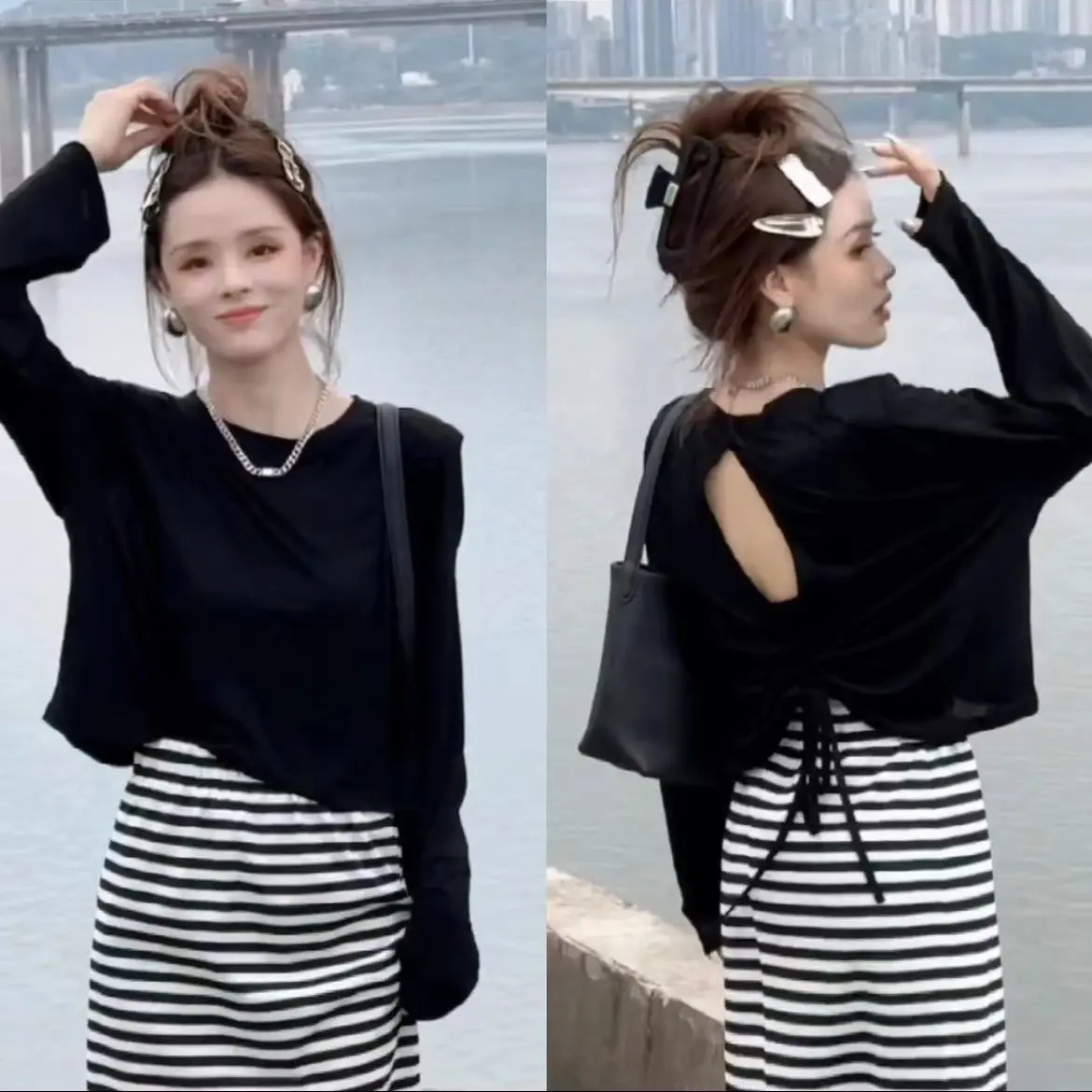 Spring Autumn Long Sleeve Loose Striped T-Shirt Sun Protection Top Base Layer Small Size Women's Fashion Set Korean Style