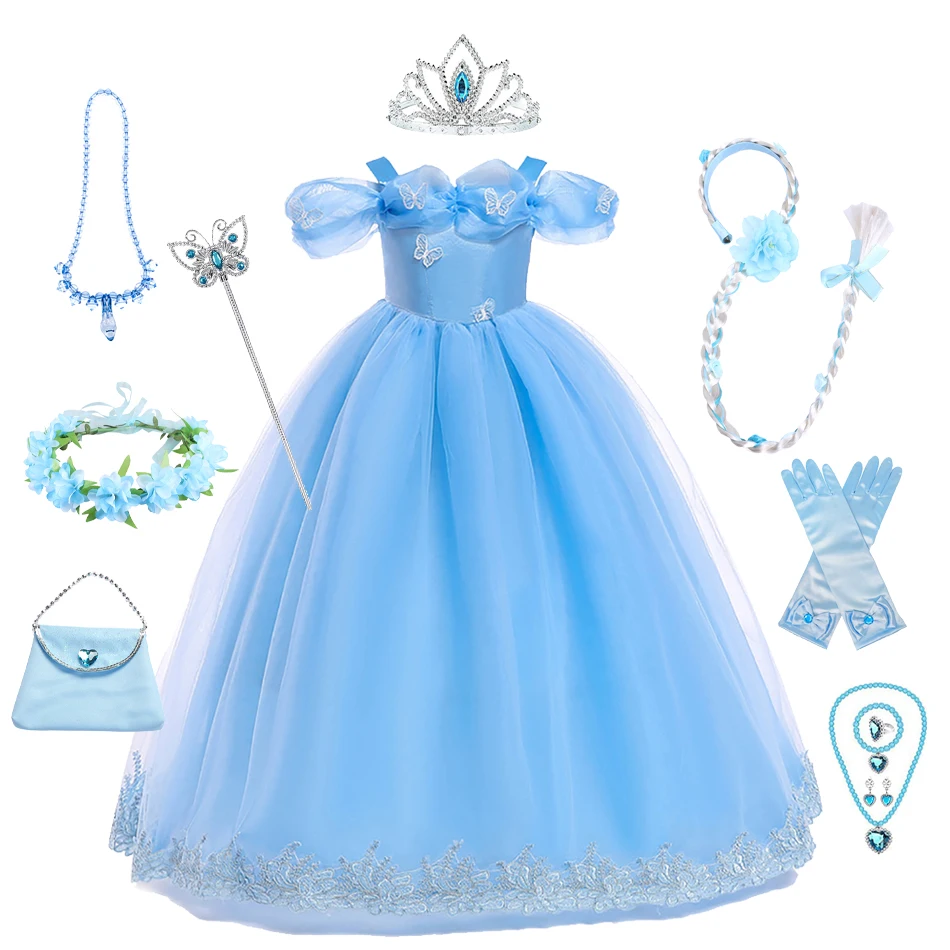 Girls New Year Blue Long Dress for Kids Christmas Birthday Party Dresses Butterfly Cinderella Cosplay Costumes Chidren Outfits