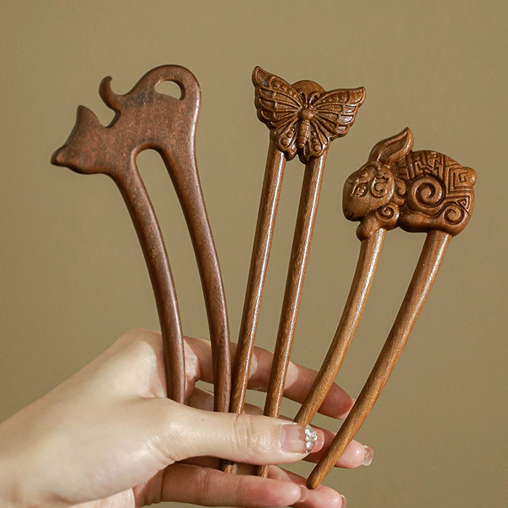 Wood Wooden Hair Stick U-Shaped Hair Fork Cat Butterfly Chinese Style Fashion Hairpin Buns Rabbit Headwear Girl Hair Accessories image 3