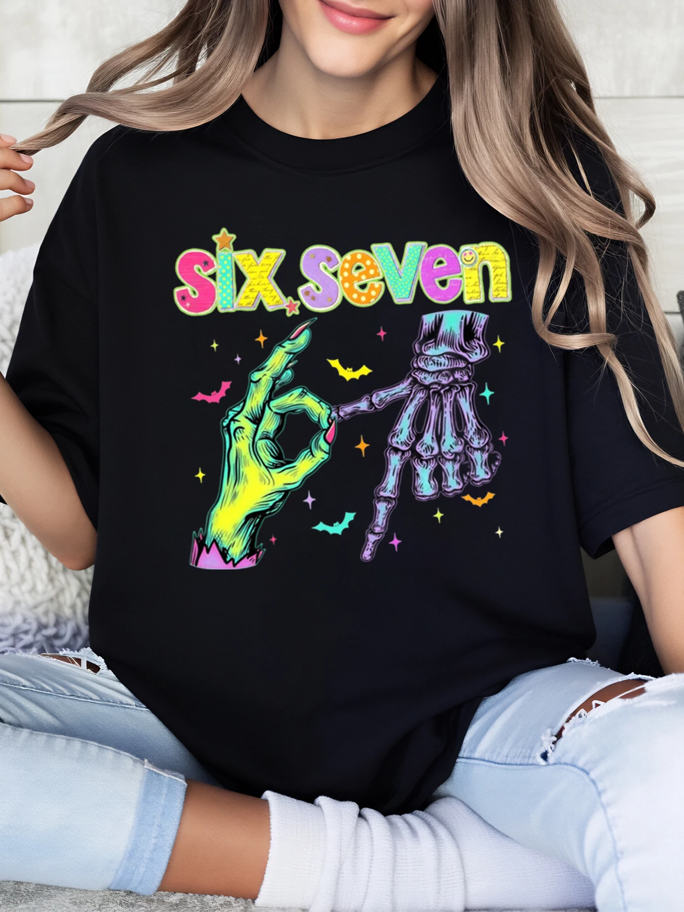 Six Seven Halloween Skeleton Hands Print T-Shirt Damen Casual Party Wear Schwarz Plus-Size