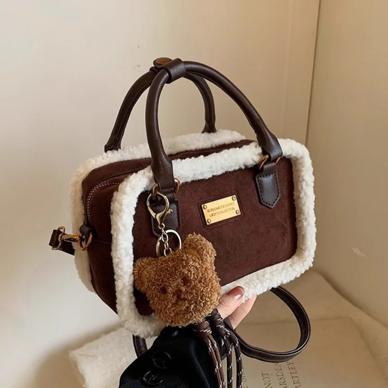 

Suede Square Handbag Women Artificial Wool Edging Fashion Shoulder Bag With Bear Pendant Winter Zipper Casual Date Crossbody Bag