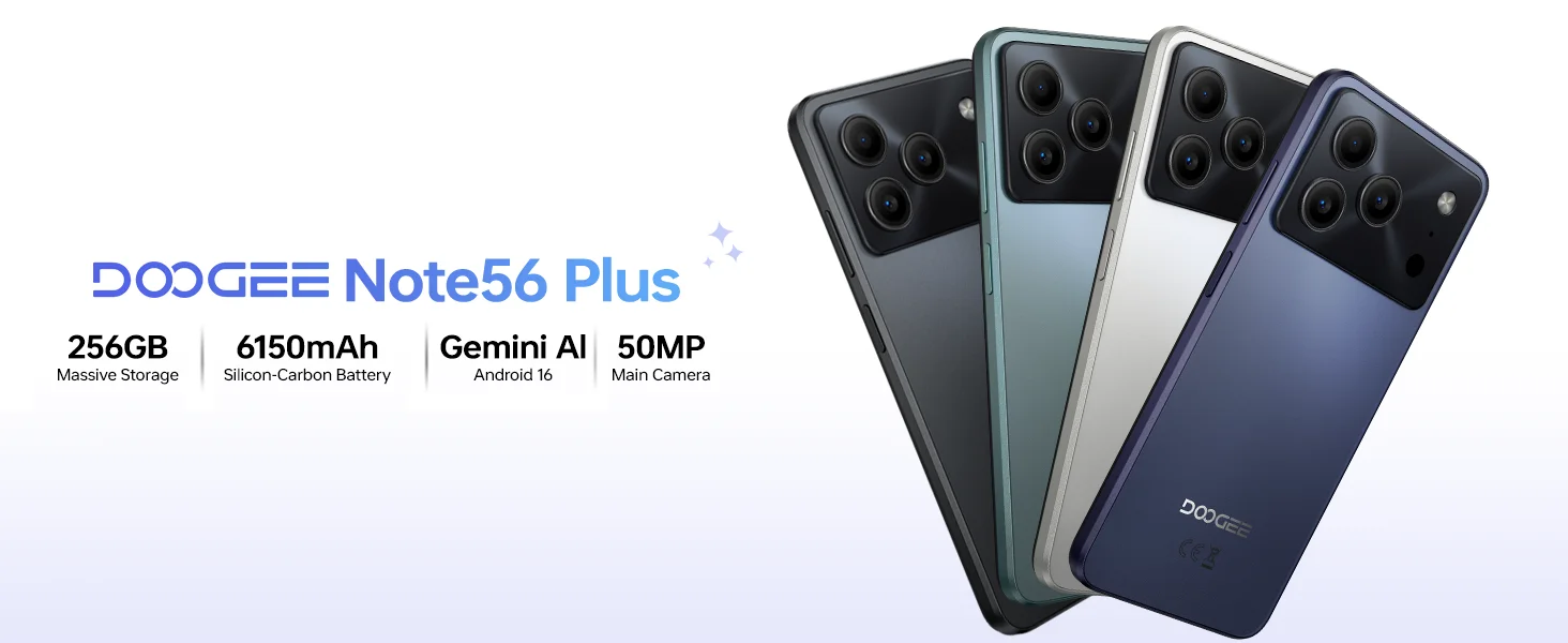 DOOGEE Note56 Plus entsperrtes Android 16 Handy, 48 GB + 256 GB/2 TB TF Erweiterung, 6,5 Zoll HD+ 90 Hz Display, 6150 mAh