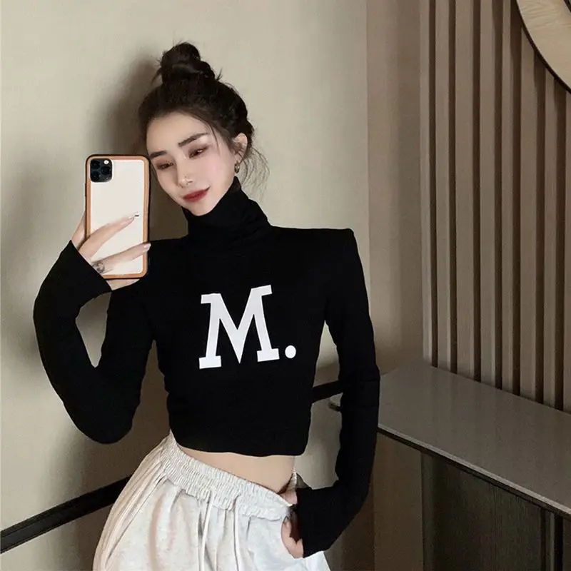 Koreańskie Slim Printing Letter Tops Tees Spring New Long Sleeve Simplicity Solid Color Trend T Shirts Fashion Y2K Odzież damska