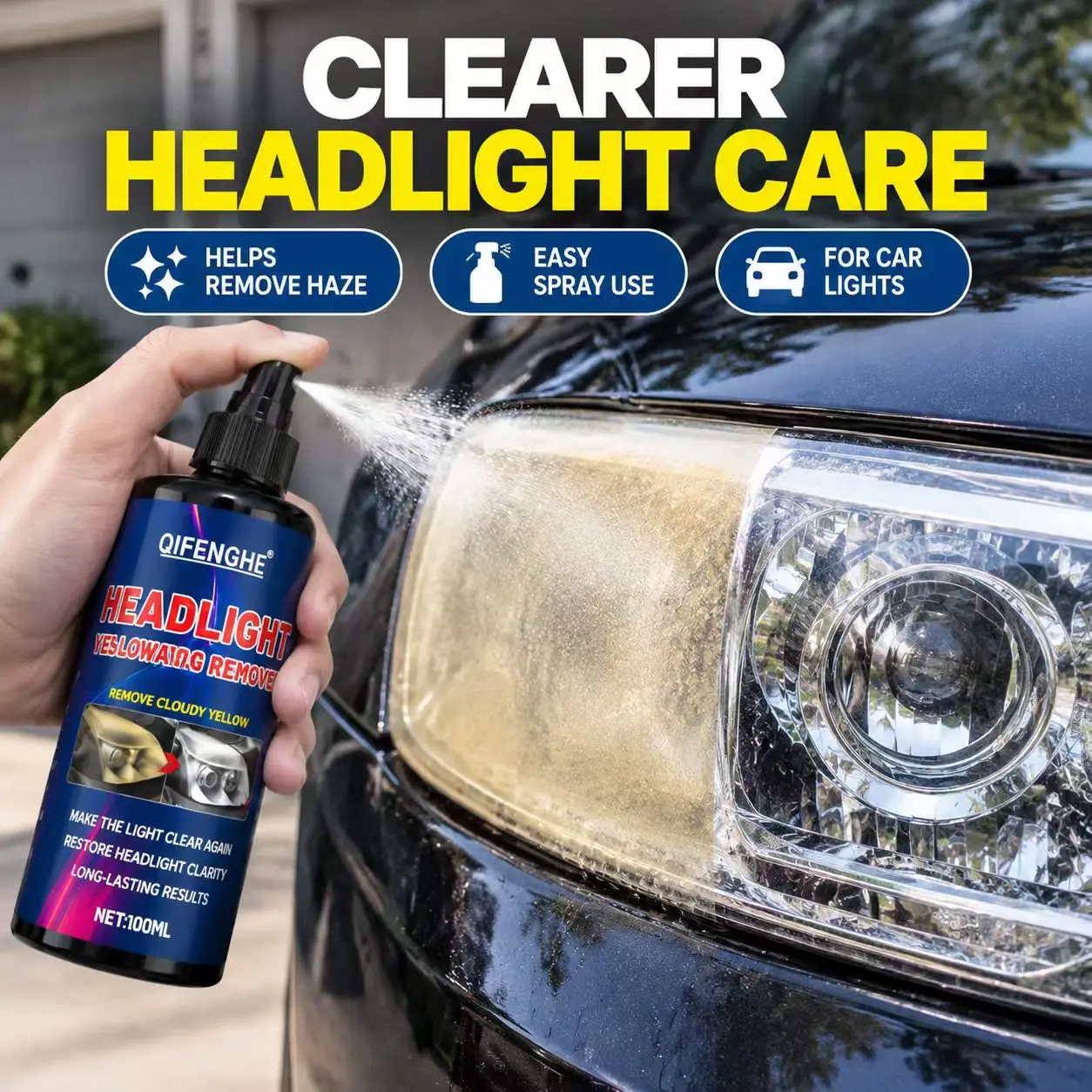 Car Headlight Yellowing Remover 100ml Lens Cleaner Headlamp Restoration Spray Remove Cloudy Yellow Oxidation Restore Clarity Aut