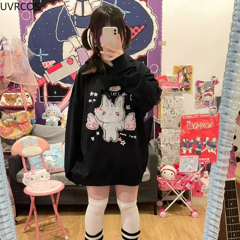 Y2k Aesthetic Cartoon Bunny Print Hoodies Harajuku Women Loose Black Drawstring Coat Gothic Grunge Pocket Streetwear Sweatshirts