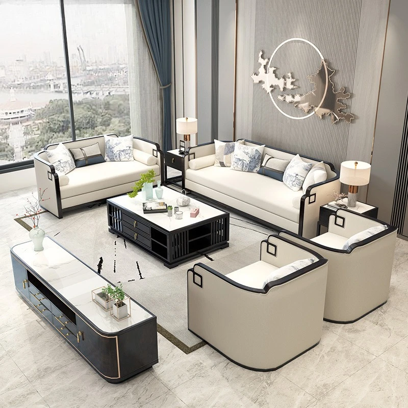 New Chinese sofa combination Spot simple villa furniture Light luxury living room Zen small apartment Solid wood fabric