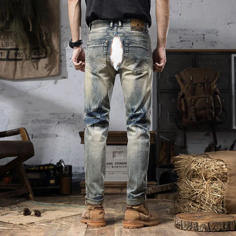Retro Worn Jeans Invisible Open-Seat Pants Outdoor Sex Convenient Ripped Slim Fit Skinny Pants Men's Fashion Denim Trousers Men