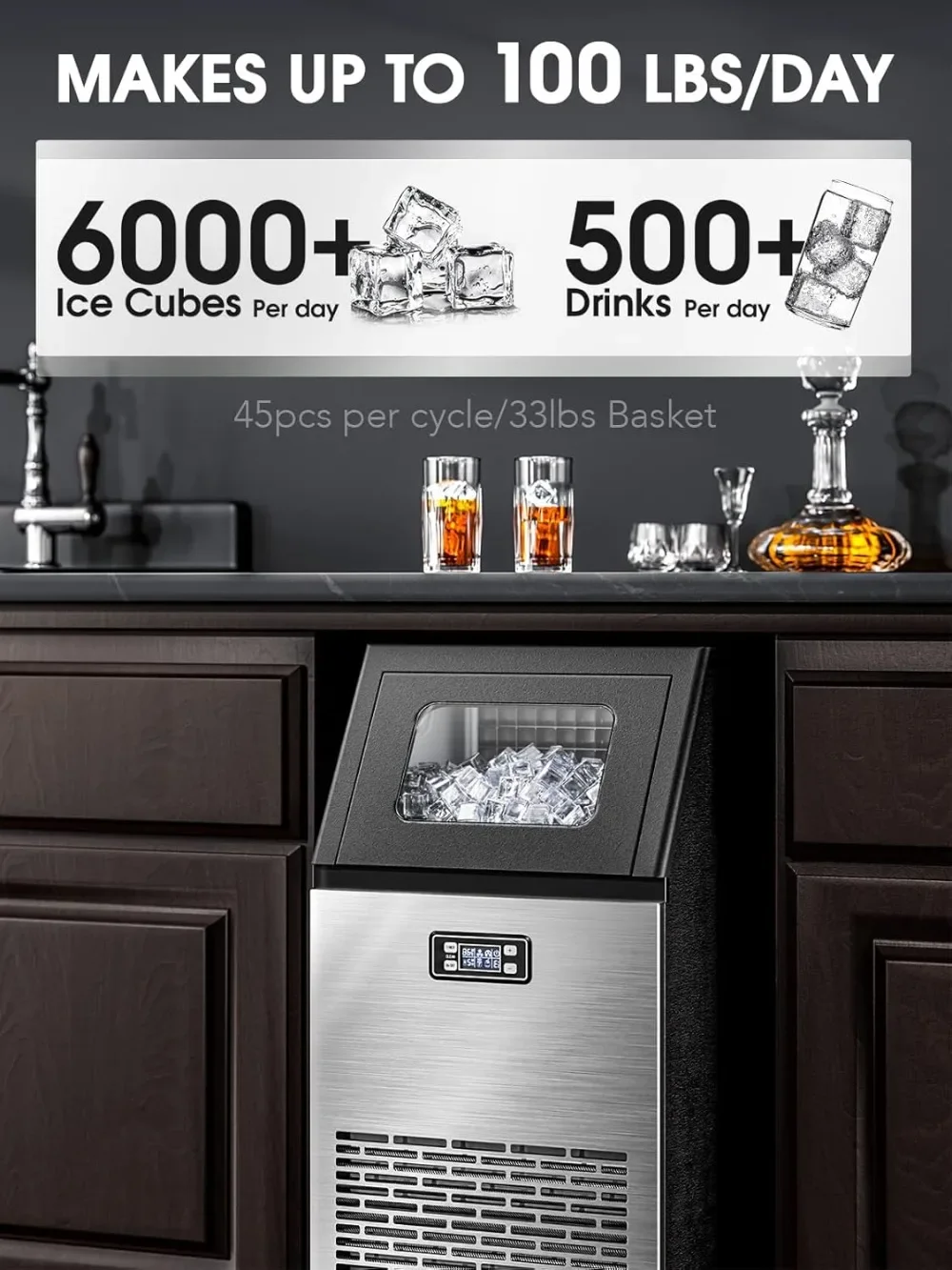 V2.0 Commercial Ice Maker 100 lbs 2-Way Add Water Under Counter Ice Maker Self Cleaning,Ice Machine with 24 Hour Timer