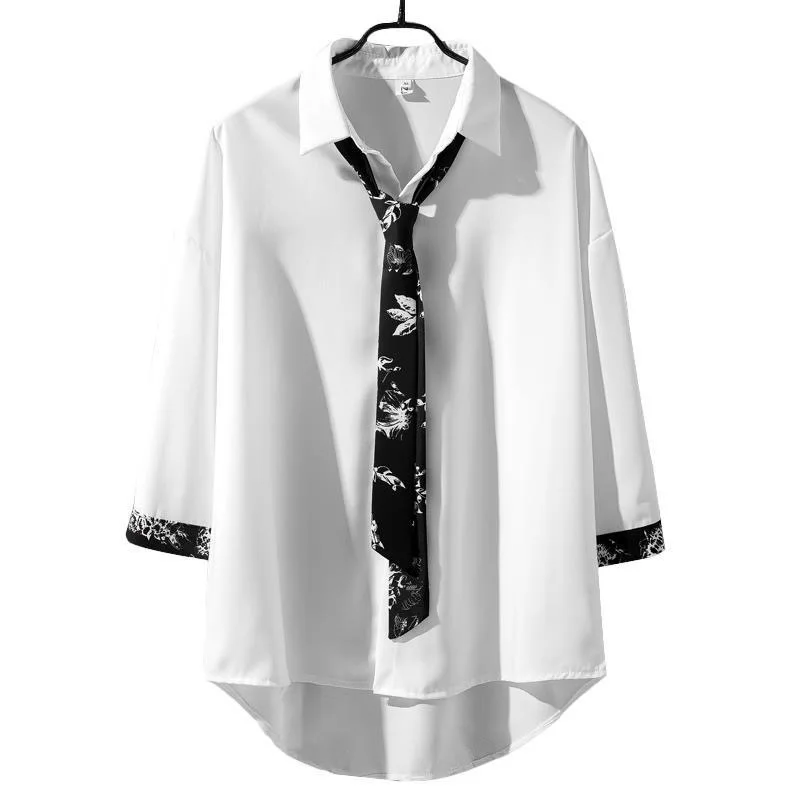 2023 Spring Summer New Button Down Shirts Men Bow Tie Shirt Male Long Sleeve Pen Original Design Five-Color Flower White Tops