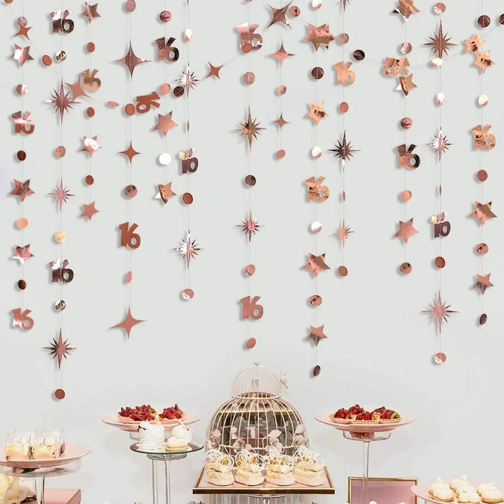 Schillernden Anzahl 16 Papier Sterne Dot Girlande Hängen Bunting für Süße Rose Gold 16th Glücklich 16st Geburtstag Jahrestag Party Decor – Detail 13