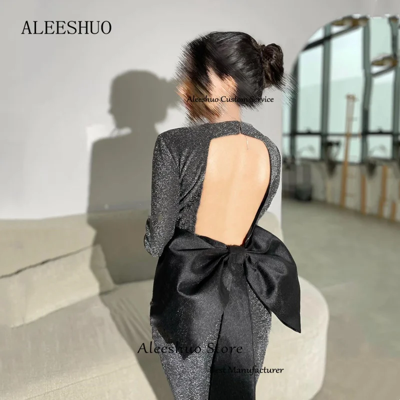 Aleeshuo Sexy Sparkle Prom Dress High Neck Long Sleeves Evening Dress Backless With Bow Ankle-Length Party Dress Saudi Arabia