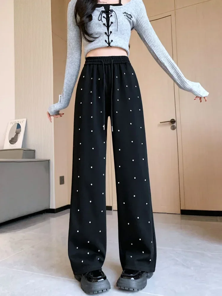 Heavy Industry Hot Diamond Wide Leg Pants for Women\'s Spring New Casual High Waist Loose Straight Tube Drop Floor Dragging Pants