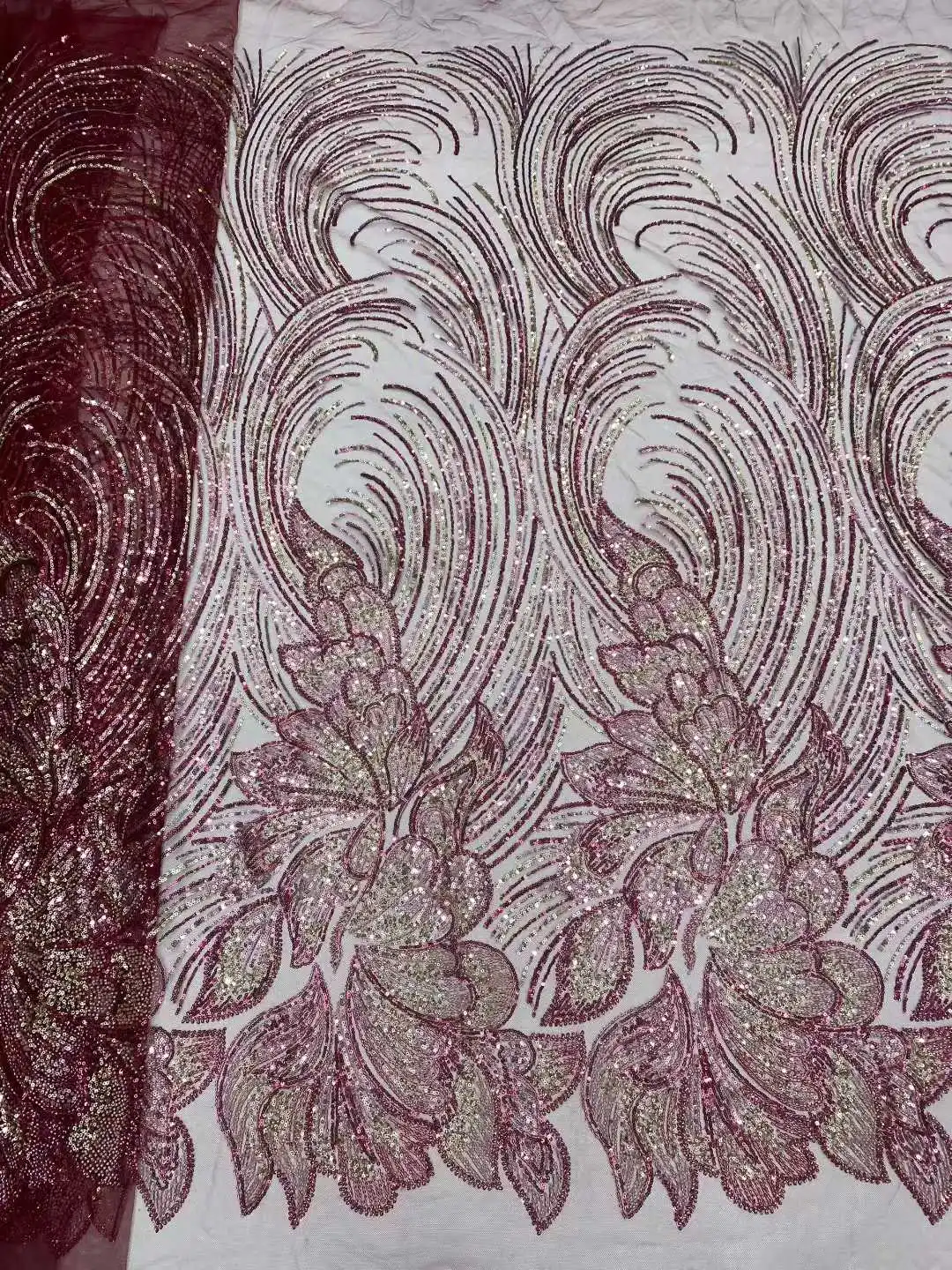 Tela de encaje de tul africano rojo 2025, tela de lentejuelas de red francesa, bordado de costura con cuentas, malla de tul de encaje, vestido nigeriano de 5 yardas
