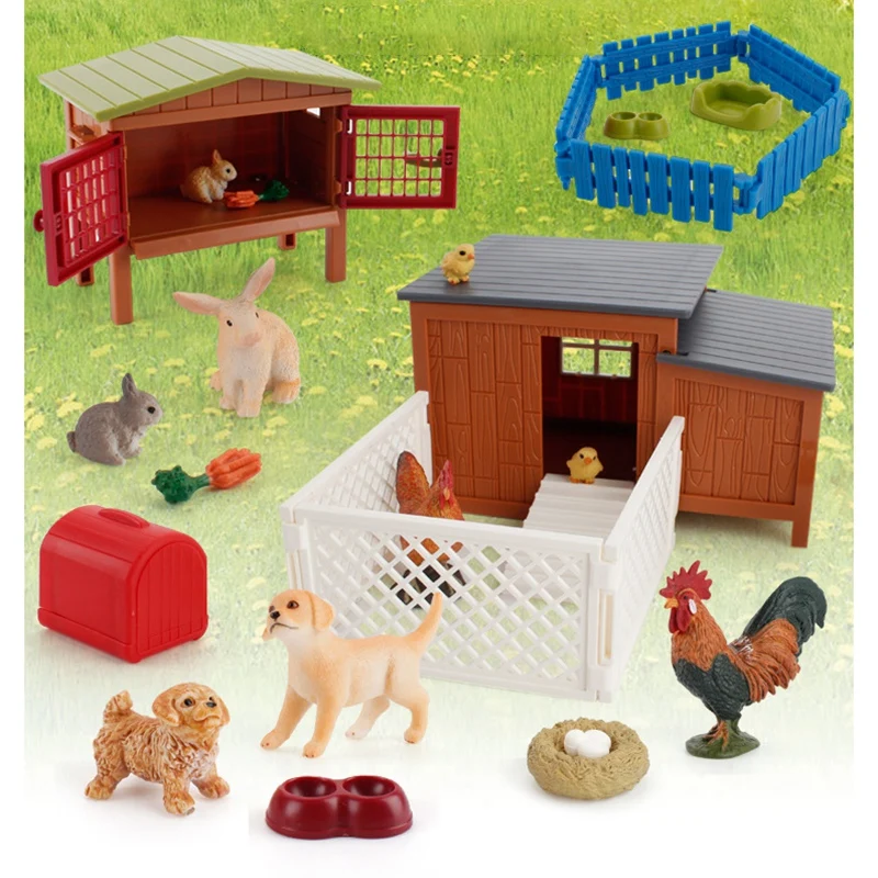 Kids Educational Toys Set DIY Simulation Farm Ranch Scene Model Solid PVC Rabbit Rooster Hen Children's DAY Gift(B)