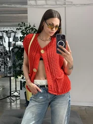 TARUXY Fashion Sleeveless Knitted Cardigan Vests For Women Autumn New Short Sweater Button With Pockets Solid Color Knitted Top