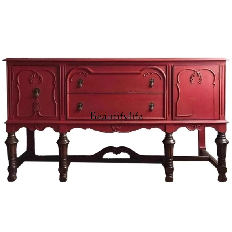 

French neoclassical red solid wood porch cabinet entrance foyer cabinet American retro