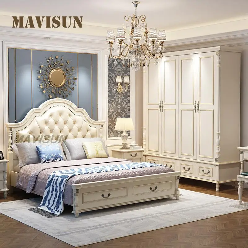 European-Style Solid Wood Double Bed Headboard Dresser Furniture Set Leather Soft Backrest Sponge King Size Bed For Apartment