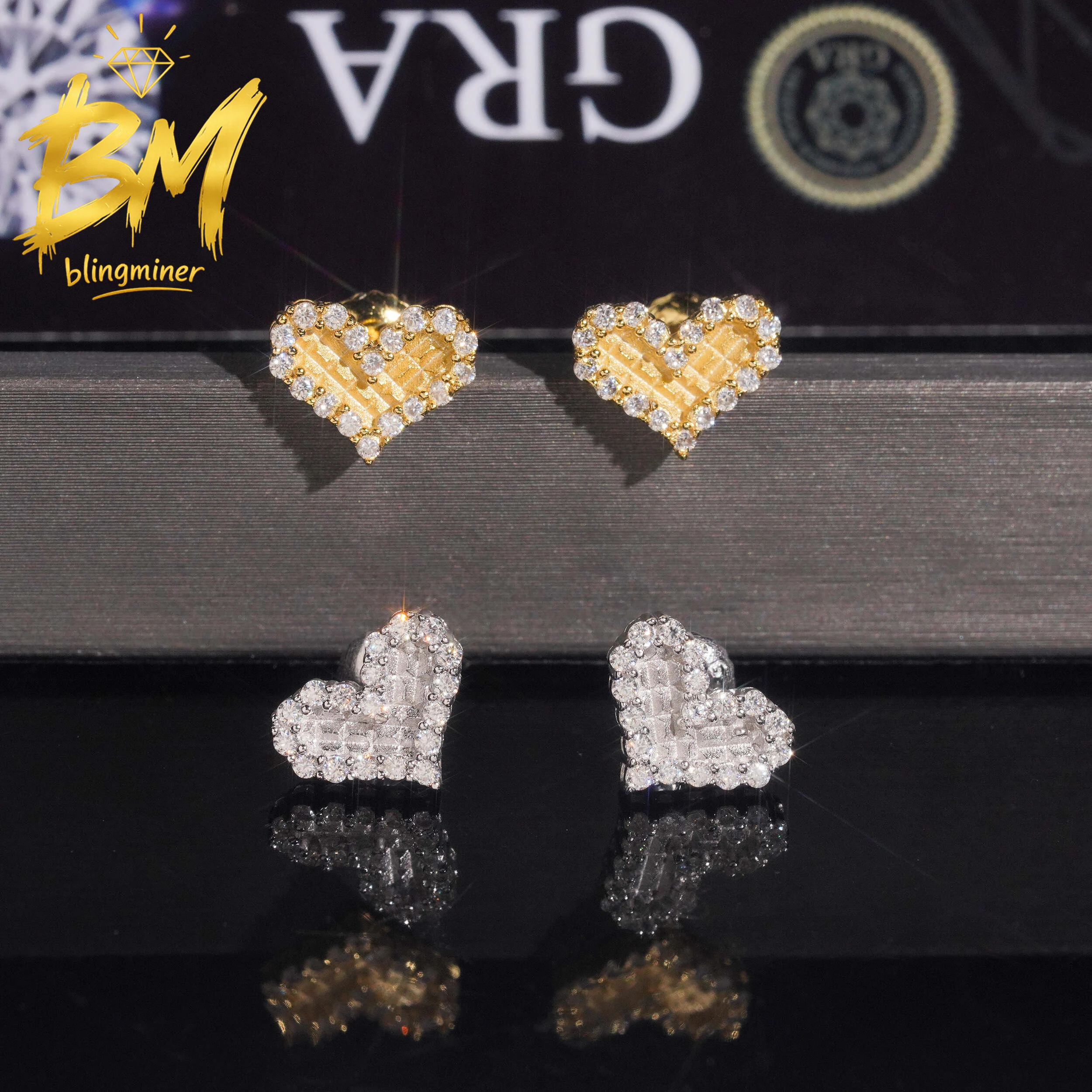 

Blingminer Heart Shape VVS Moissanite Earrings For Men Women S925 Silver Ear Studs Jewelry Pass Diamonds Tester GRA Free Shippin