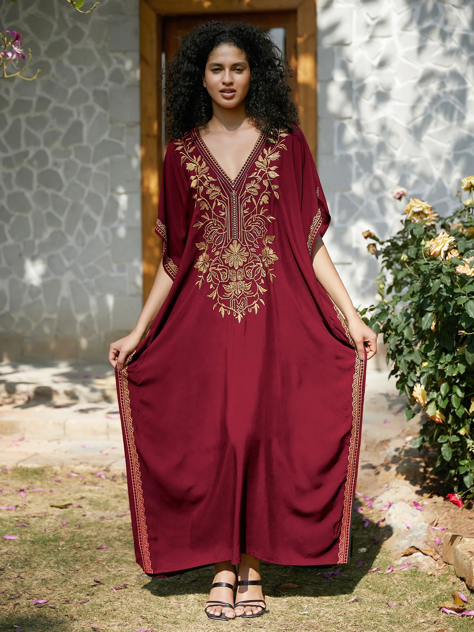 2024 Plus Size Women Dress V-neck Gold Embroidered Clothing Print Robe Summer Beach Cover-ups Casual Loungewear Maxi Dress Q1642