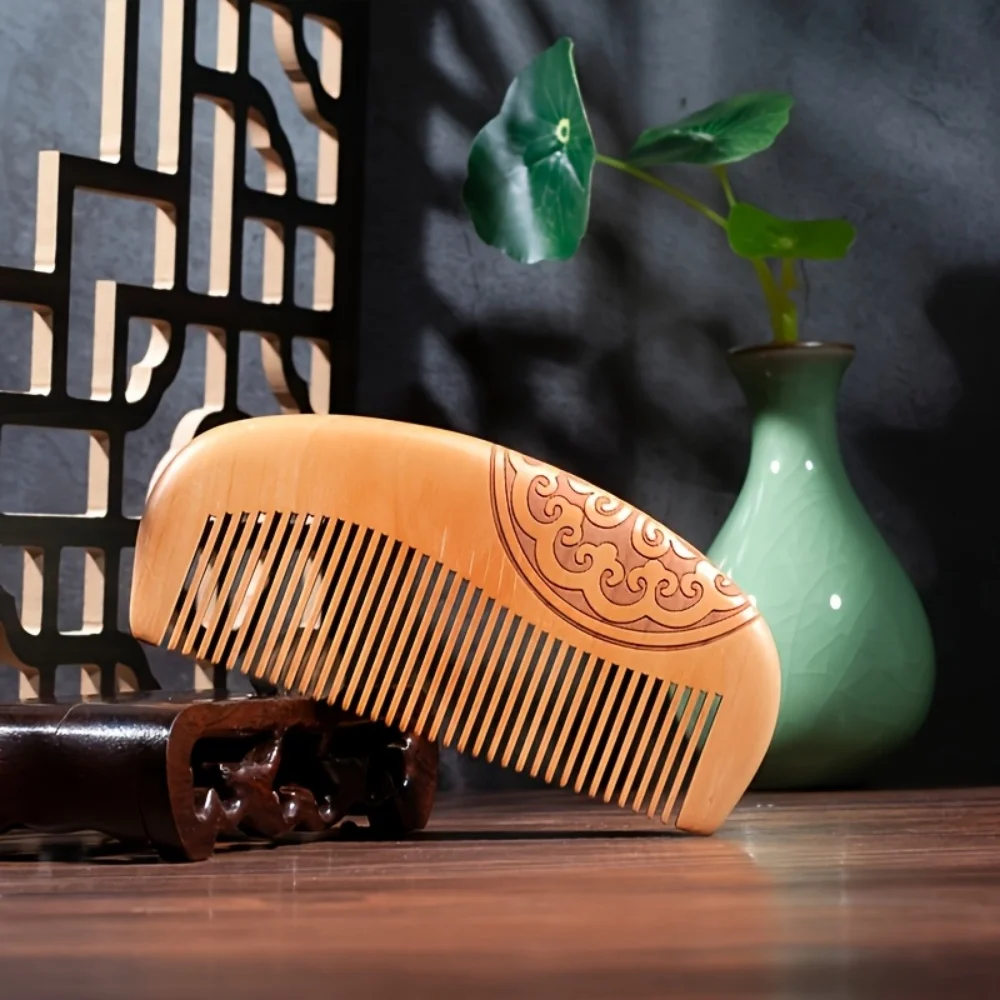 1 Natural Peach Wood Comb, Double-Sided Carved Hair Comb for Home Use, Straightening and Smoothing Hair Comb - view 6