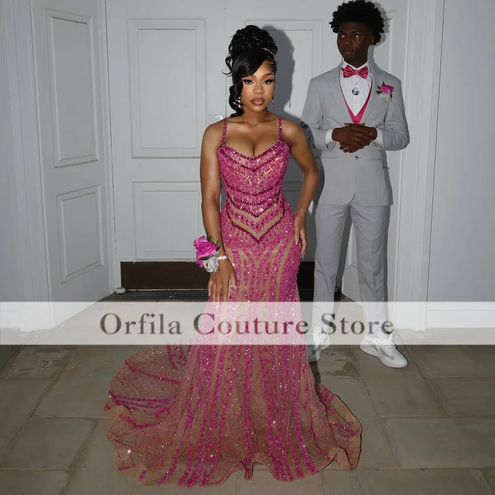 Pink Prom Dresses 2026 Black Girls Mermaid Crystals Elegant Evening Gowns Customized Party Gowns Vestido De Festa