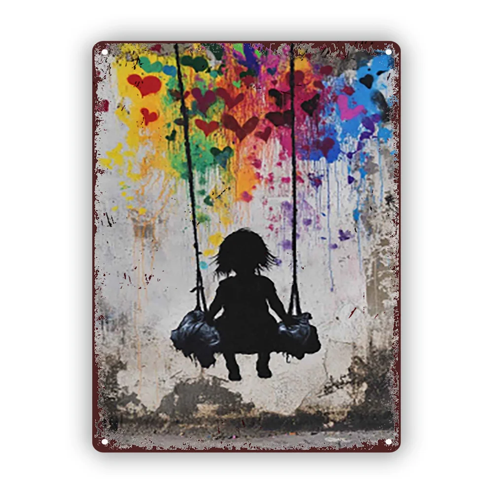 

"Swinging Through Love Vintage Aluminum Metal Sign - Rustic Kitchen & Pub Wall Art, Colorful Heart Journey, 8x12 inches"
