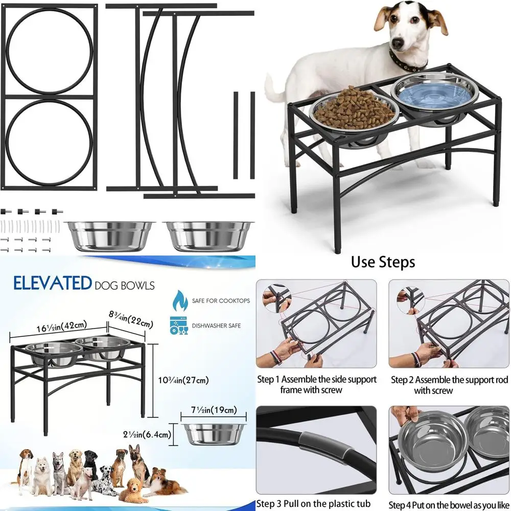 

Dog Bowls, Raised Pet Feeder with Stand, Stainless Steel, 10.5 inch Height, Medium or Large Breeds