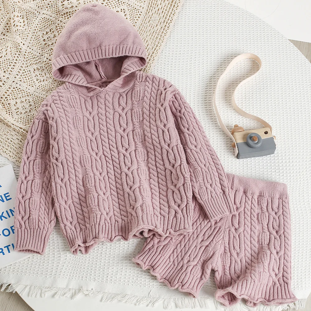 Girls' Hooded Knitted Sweater Set, Early Spring New Arrival, Knitted Sweater + Shorts Two-Piece Set for Little Girls, Stylish Ch