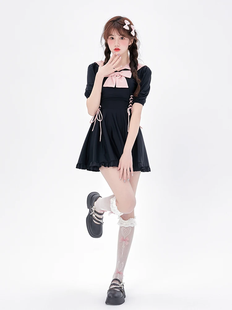 Puff Short Sleeve Sailor Collar Black Skirt and Shorts Swimsuit Summer New Sweet Bow Cute Girl Hot Spring Bathing Suit Women